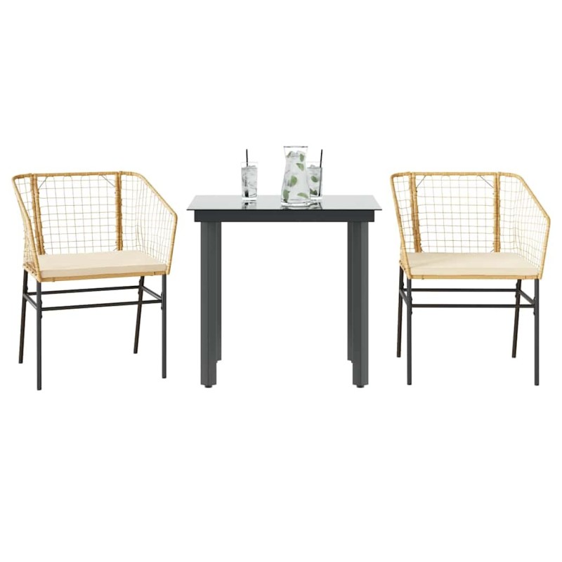 Ensemble à manger jardin coussins 3pcs marron poly rotin verre 514853514853