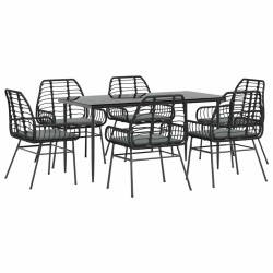 Ensemble à manger de jardin coussins 7pcs noir poly rotin verre 514855514855