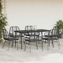 Ensemble à manger de jardin coussins 7pcs noir poly rotin verre 514855514855