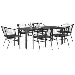 Ensemble à manger de jardin coussins 7pcs noir poly rotin verre 514864514864
