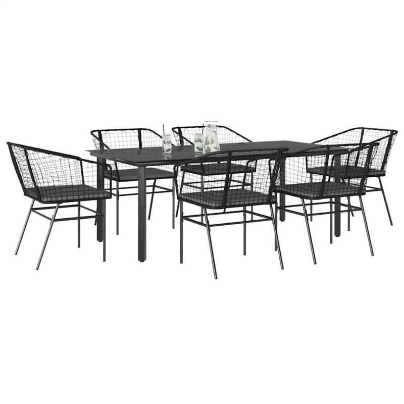 Ensemble à manger de jardin coussins 7pcs noir poly rotin verre 514864514864