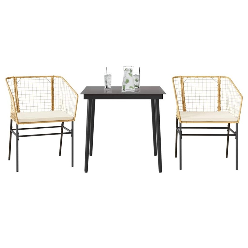 Ensemble à manger jardin coussins 3pcs marron poly rotin verre 514941514941