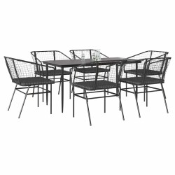 Ensemble à manger de jardin coussins 7pcs noir poly rotin verre 514953514953
