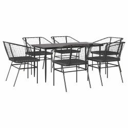 Ensemble à manger de jardin coussins 7pcs noir poly rotin verre 514953514953