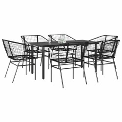 Ensemble à manger de jardin 7pcs noir poly rotin verre 514957514957