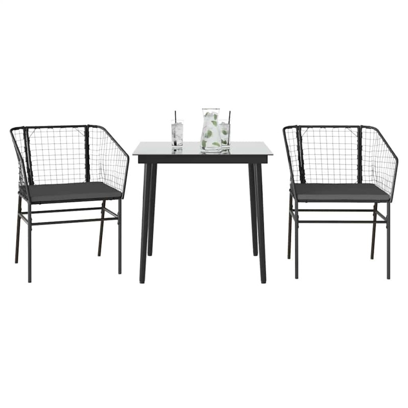 Ensemble à manger de jardin et coussins 3 pcs noir rotin verre 514965514965