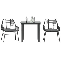 Ensemble à manger de jardin et coussins 3 pcs noir rotin verre 514990514990