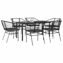 Ensemble à manger de jardin coussins 7pcs noir poly rotin verre 514992514992