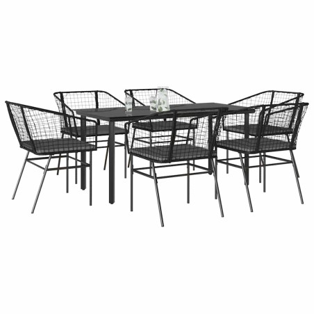 Ensemble à manger de jardin coussins 7pcs noir poly rotin verre 514992514992