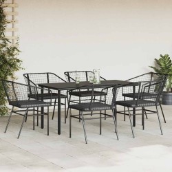 Ensemble à manger de jardin coussins 7pcs noir poly rotin verre 514992514992