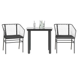Ensemble à manger de jardin et coussins 3 pcs noir rotin verre 515028515028
