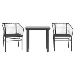 Ensemble à manger de jardin et coussins 3 pcs noir rotin verre 515028515028