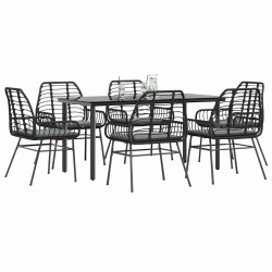 Ensemble à manger de jardin coussins 7pcs noir poly rotin verre 515039515039