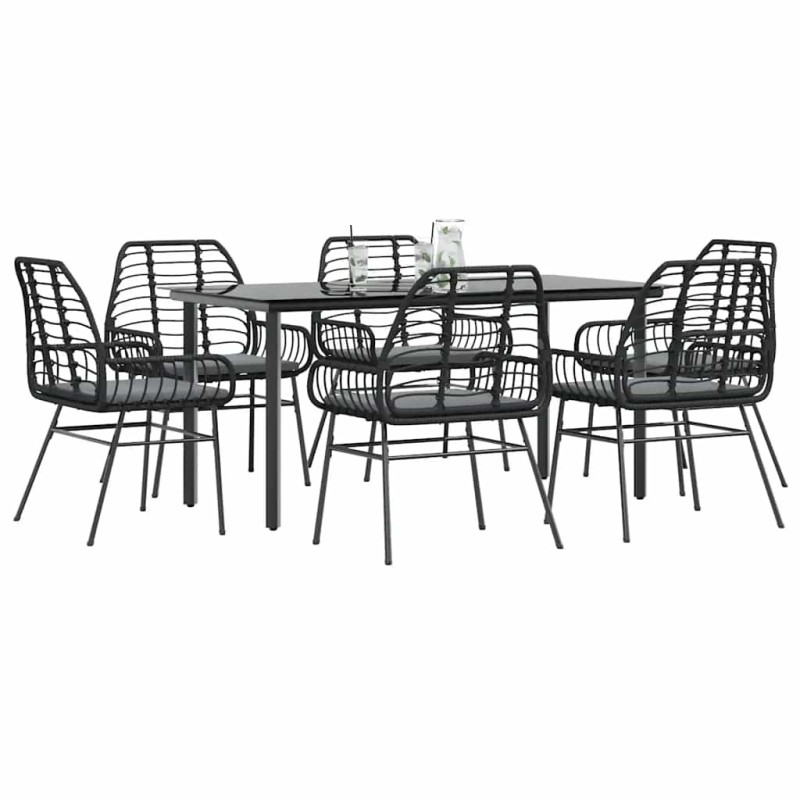 Ensemble à manger de jardin coussins 7pcs noir poly rotin verre 515039515039