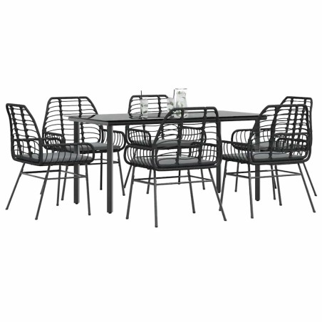Ensemble à manger de jardin coussins 7pcs noir poly rotin verre 515039515039