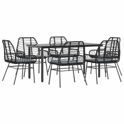 Ensemble à manger de jardin coussins 7pcs noir poly rotin verre 515039515039