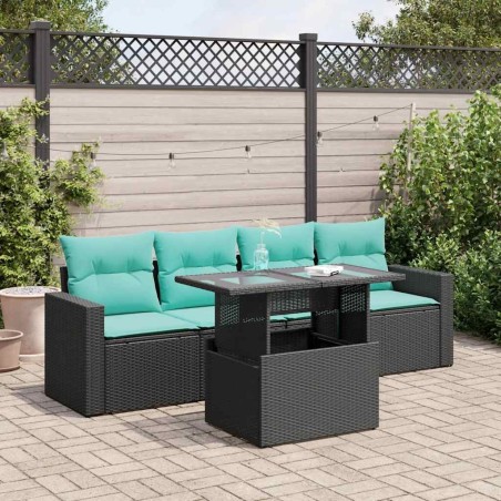 Salon de jardin 5 pcs avec coussins noir résine tressée acacia 515485515485