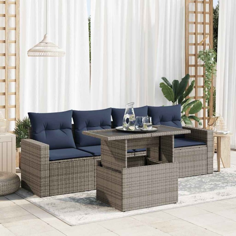 Salon de jardin 5 pcs avec coussins gris résine tressée acacia 515486515486
