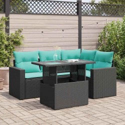 Salon de jardin 5 pcs avec coussins noir résine tressée acacia 515489515489