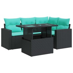 Salon de jardin 5 pcs avec coussins noir résine tressée acacia 515489515489