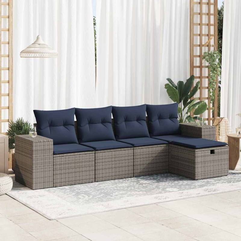 Salon de jardin 5 pcs avec coussins gris résine tressée 515496515496