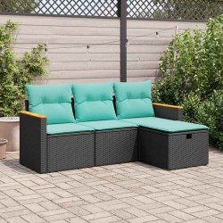 Salon de jardin 4 pcs avec coussins noir résine tressée 515500515500