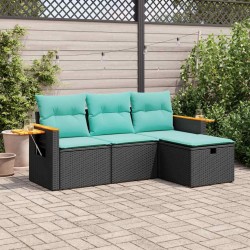 Salon de jardin 4 pcs avec coussins noir résine tressée 515516515516