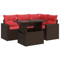 Salon de jardin avec coussins 5pcs marron résine tressée acacia 515522515522