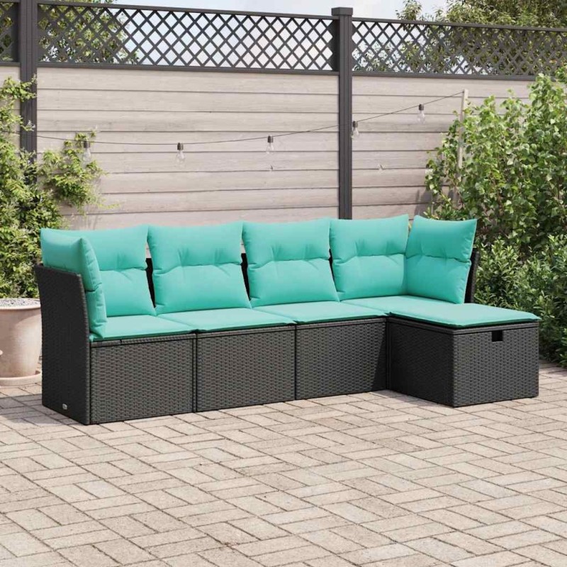 Salon de jardin 5 pcs avec coussins noir résine tressée 515526515526