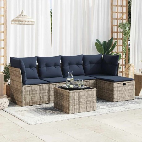 Salon de jardin 6 pcs avec coussins gris résine tressée 515530515530