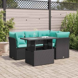 Salon de jardin 5 pcs avec coussins noir résine tressée acacia 515551515551