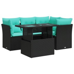 Salon de jardin 5 pcs avec coussins noir résine tressée acacia 515551515551