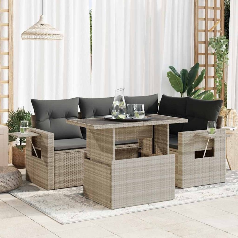 Salon de jardin 5 pcs avec coussins gris clair résine tressée 515556515556