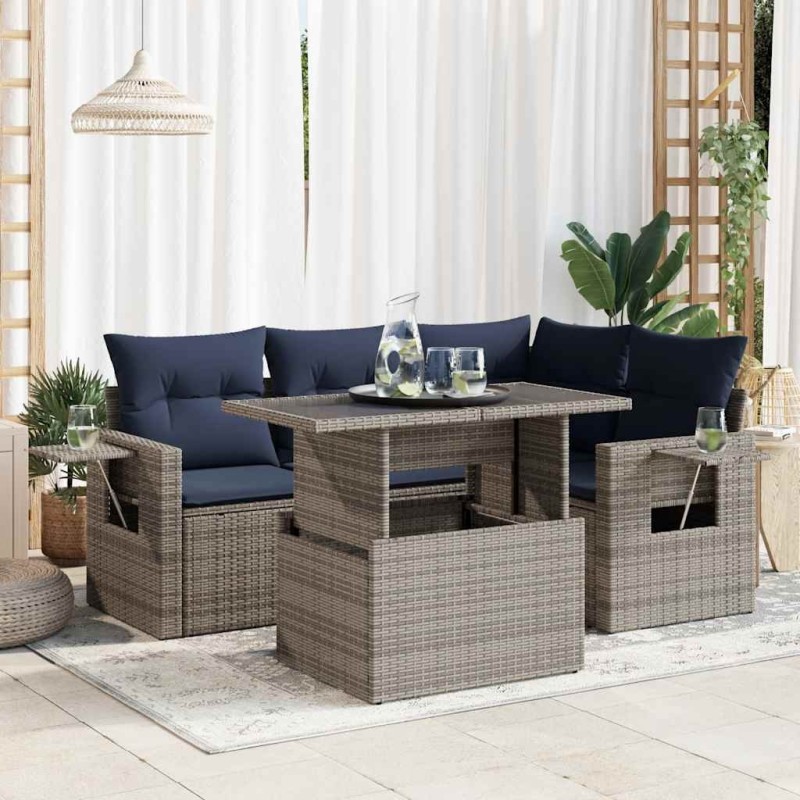 Salon de jardin 5 pcs avec coussins gris résine tressée acacia 515557515557