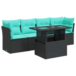 Salon de jardin 5 pcs avec coussins noir résine tressée acacia 515561515561