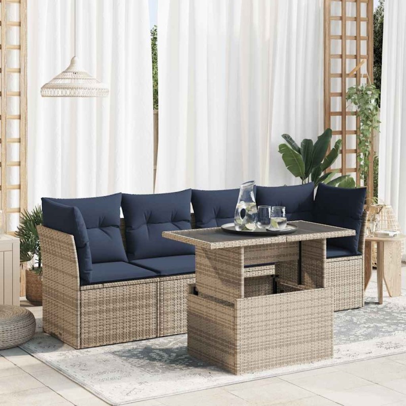 Salon de jardin 5 pcs avec coussins gris résine tressée acacia 515571515571