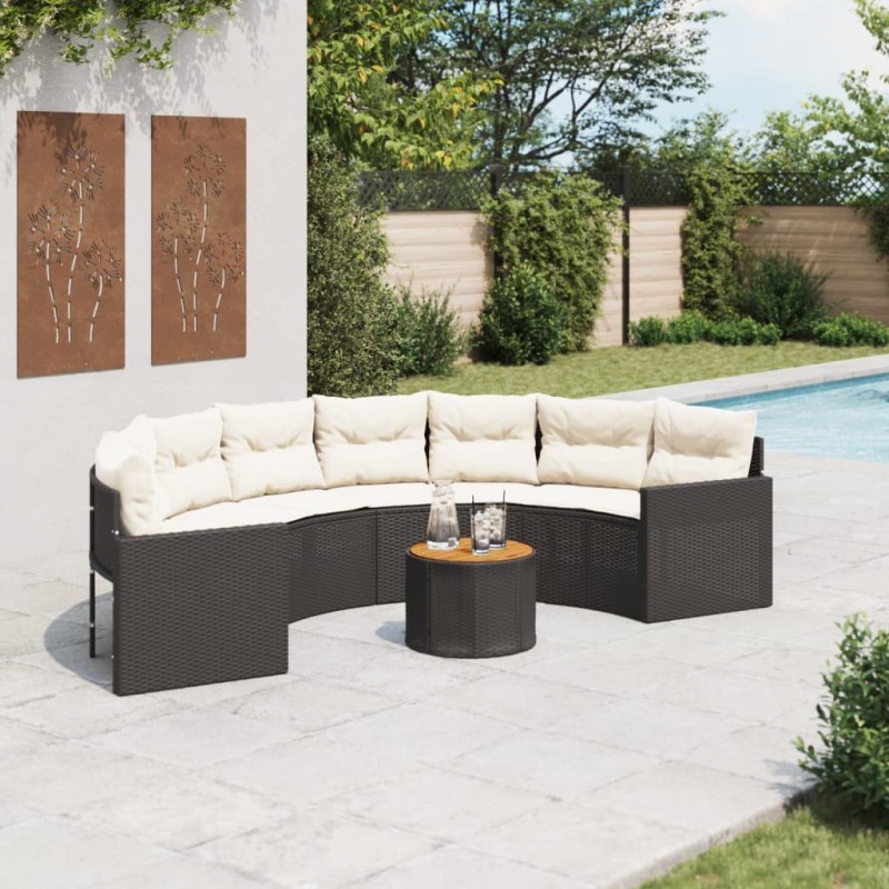 Canapé de jardin table coussins demi-rond noir résine tressée 515589515589