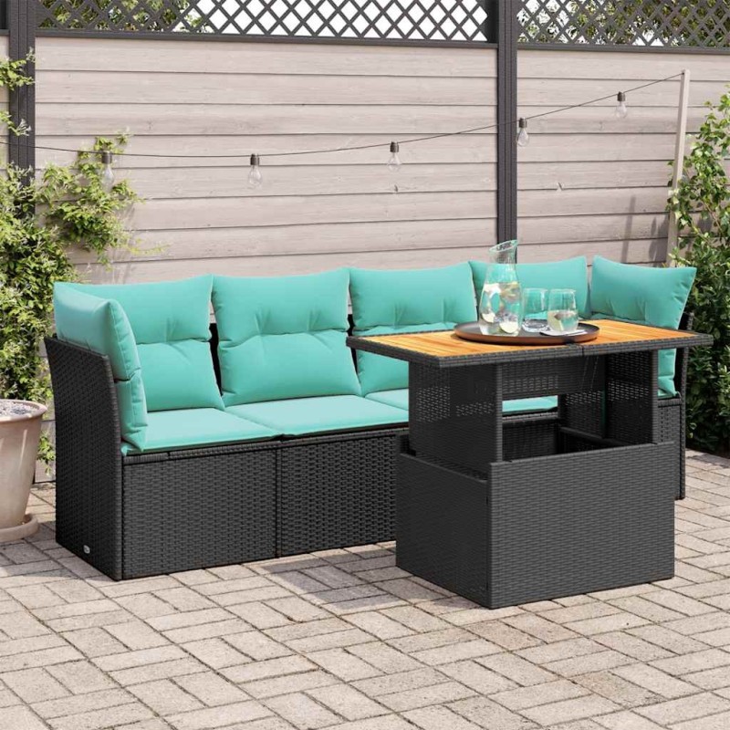 Salon de jardin 5 pcs avec coussins noir résine tressée 515951515951