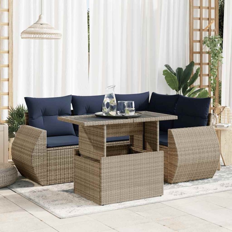 Salon de jardin 5 pcs avec coussins gris résine tressée acacia 515958515958