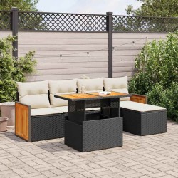 Salon de jardin 6 pcs avec coussins noir résine tressée acacia 515964515964