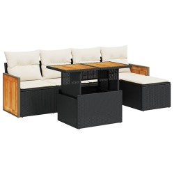 Salon de jardin 6 pcs avec coussins noir résine tressée acacia 515964515964