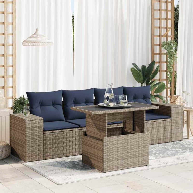 Salon de jardin 5 pcs avec coussins gris résine tressée acacia 515974515974