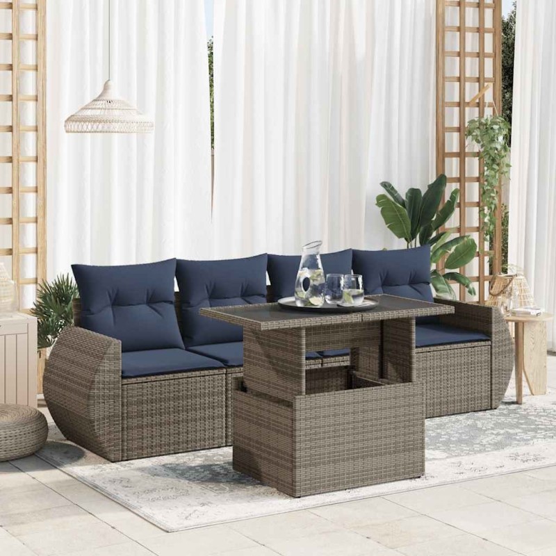 Salon de jardin 5 pcs avec coussins gris résine tressée acacia 516211516211