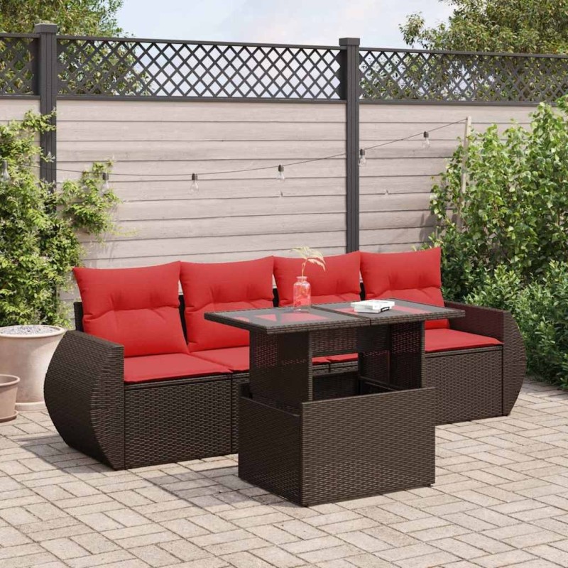 Salon de jardin avec coussins 5pcs marron résine tressée acacia 516212516212