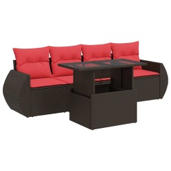 Salon de jardin avec coussins 5pcs marron résine tressée acacia 516212516212