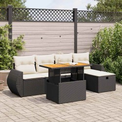 Salon de jardin 6 pcs avec coussins noir résine tressée acacia 516249516249