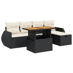 Salon de jardin 6 pcs avec coussins noir résine tressée acacia 516249516249