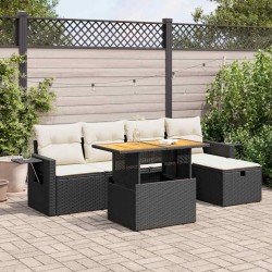 Salon de jardin 6 pcs avec coussins noir résine tressée acacia 516251516251