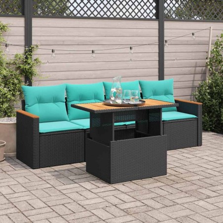 Salon de jardin 5 pcs avec coussins noir résine tressée 516252516252