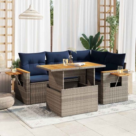 Salon de jardin 5 pcs avec coussins gris résine tressée acacia 516257516257